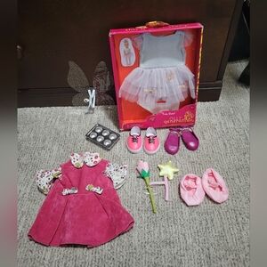 Our Generation And Pottery Barn Kids Doll Clothes, Shoes, Wings, Cupcake Tin